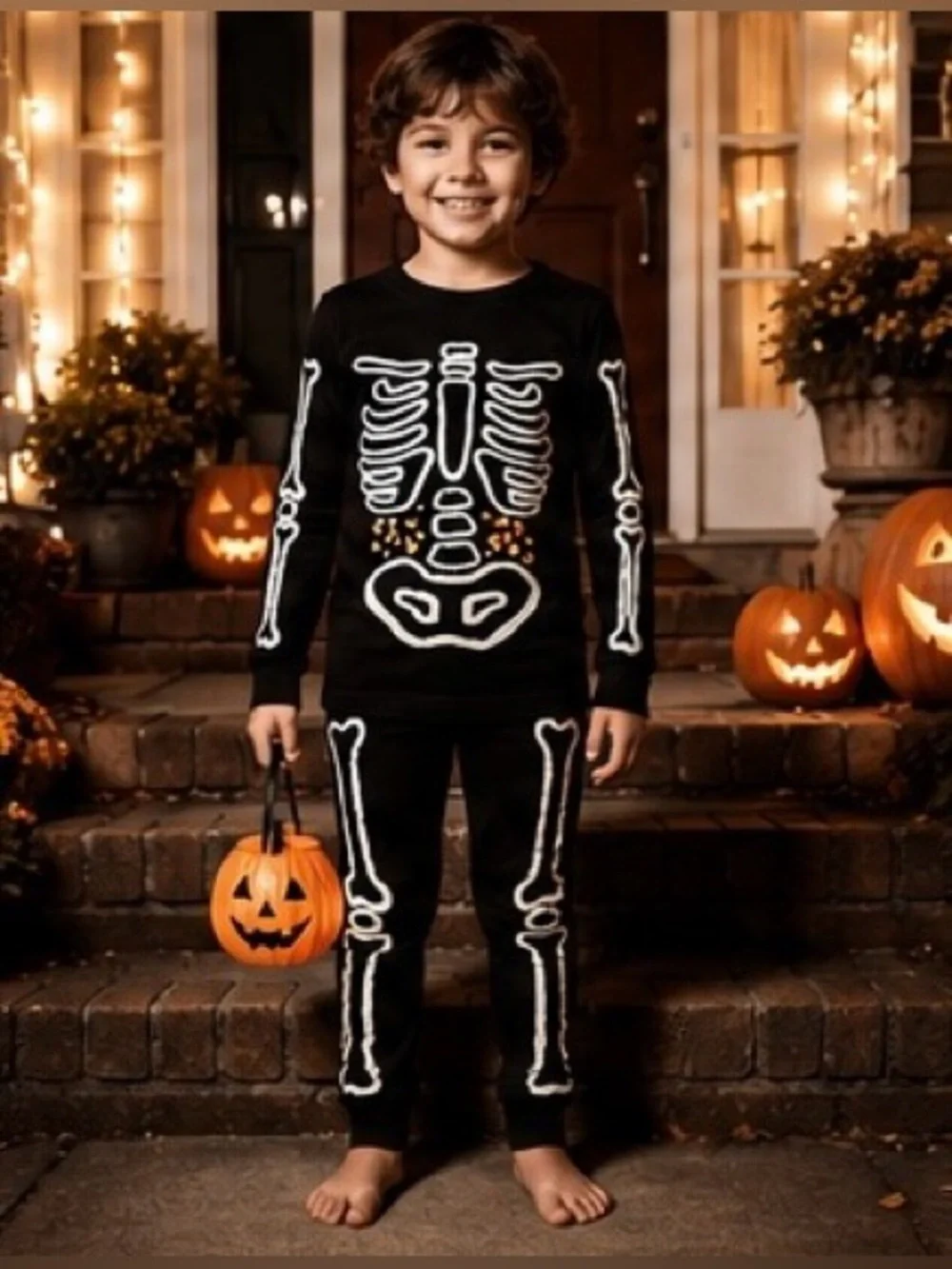 Cat & Jack Glow in Dark Skeleton Halloween Pajama Set Costume Candy Corn Kids 6